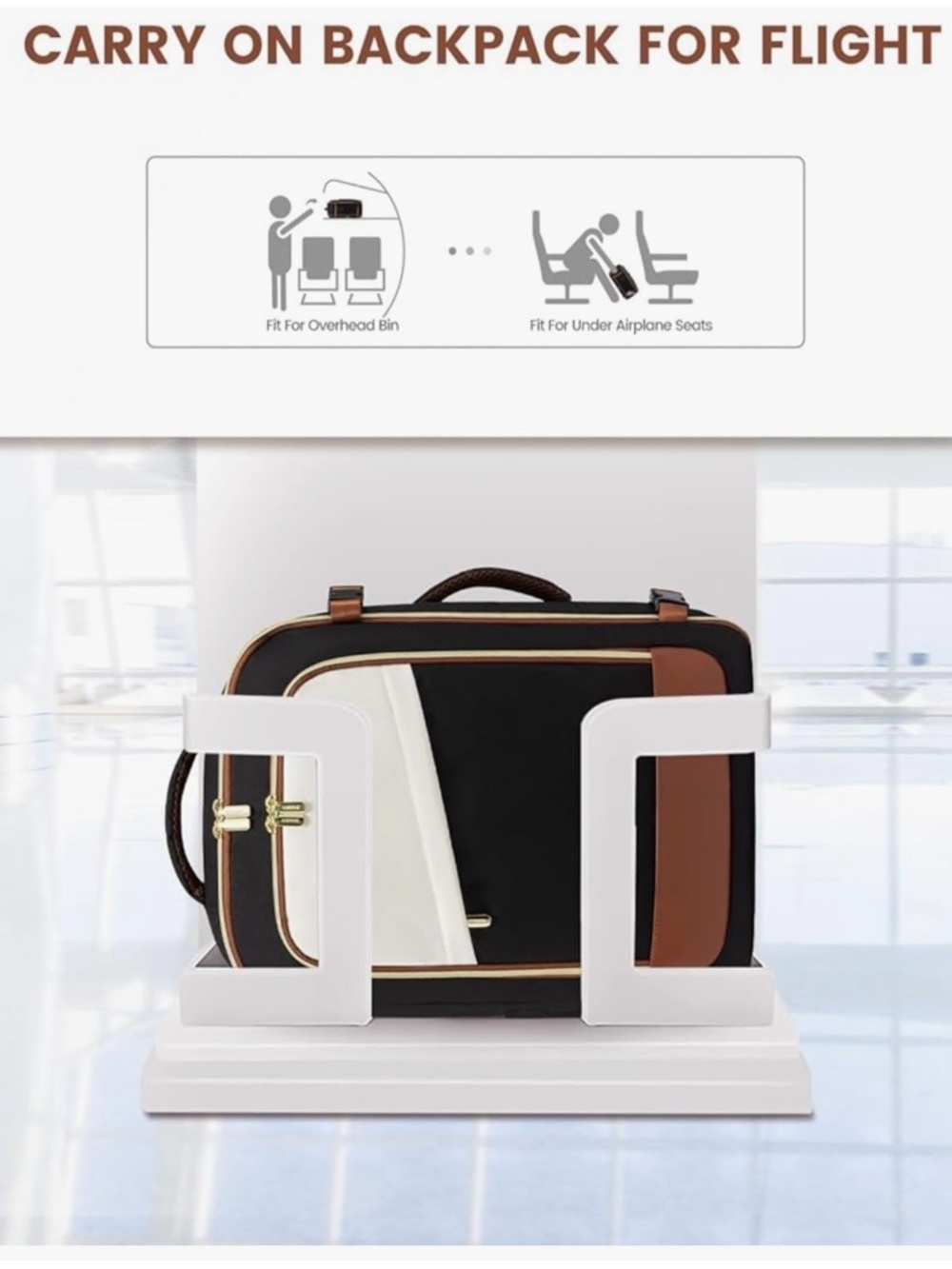 Black and White Travel Backpack with Brown Trim - Premium Organizer - Picture 3 of 7
